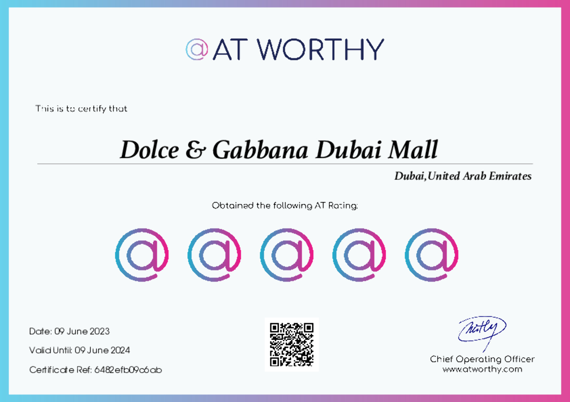 Dolce & Gabbana Dubai Mall Certificate