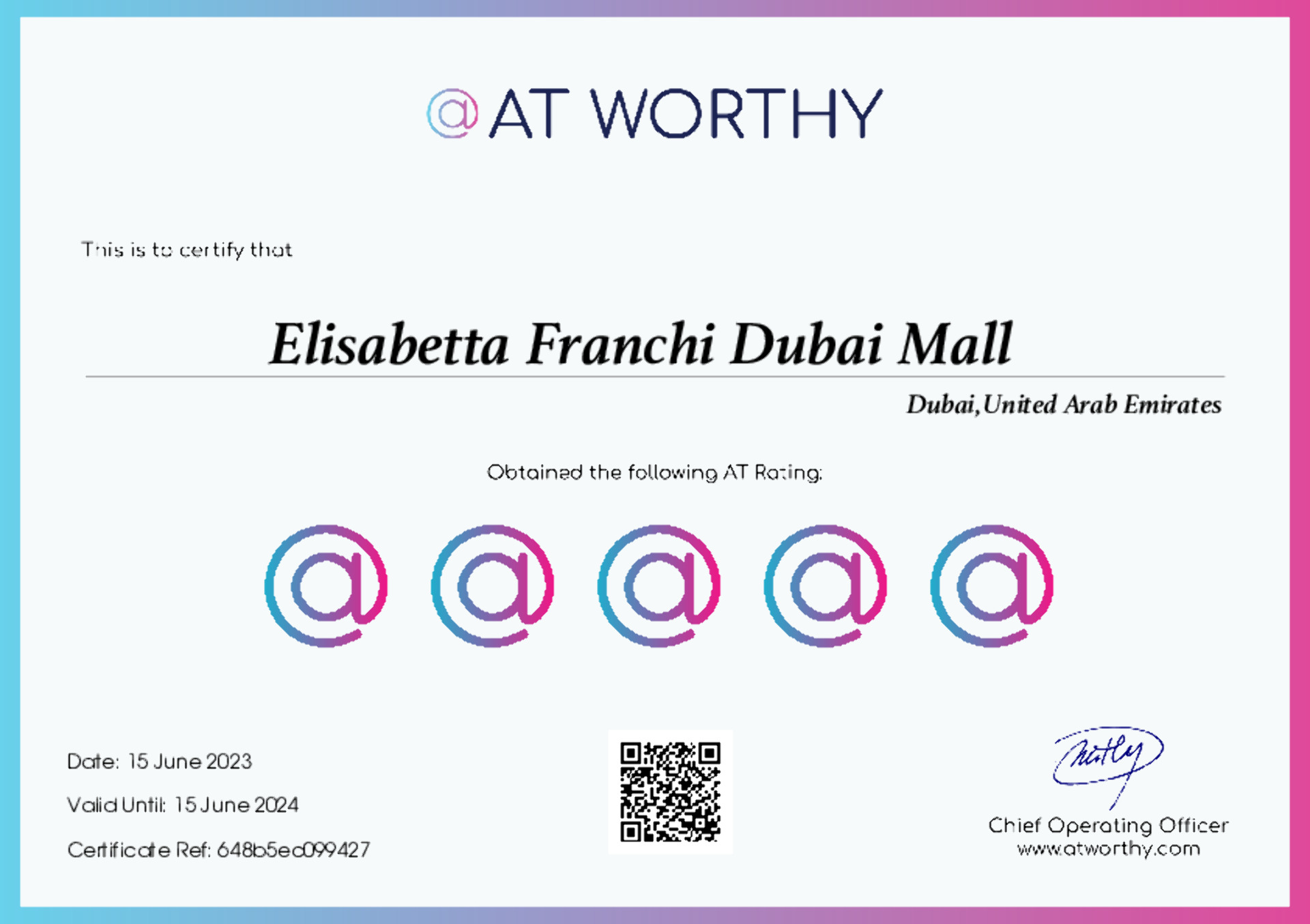 Elisabetta Franchi Dubai Mall Certificate