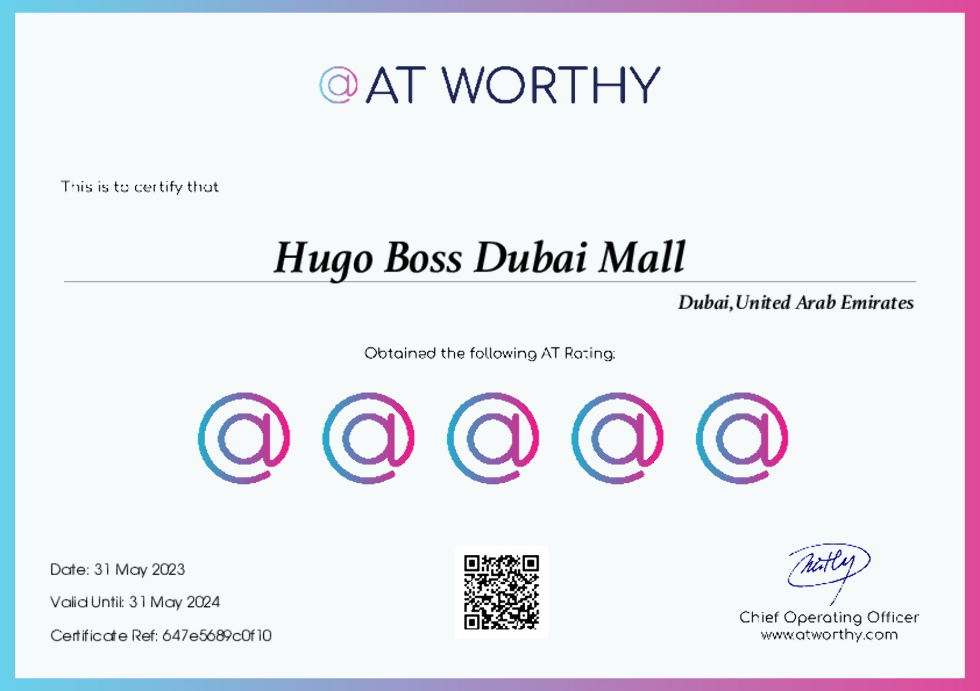 Hugo Boss Dubai Mall Certificate