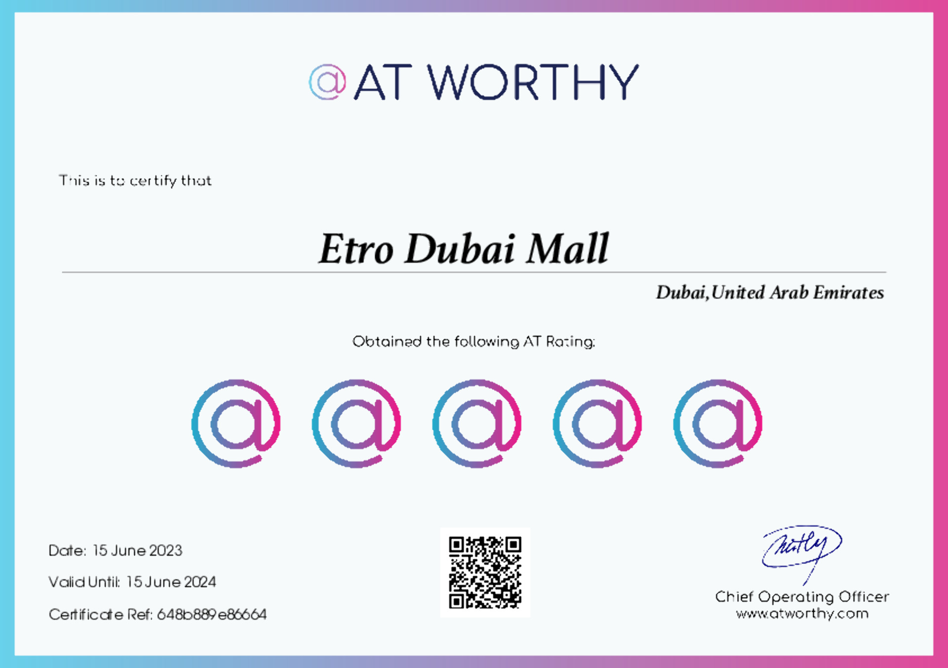 Etro Dubai Mall Certificate