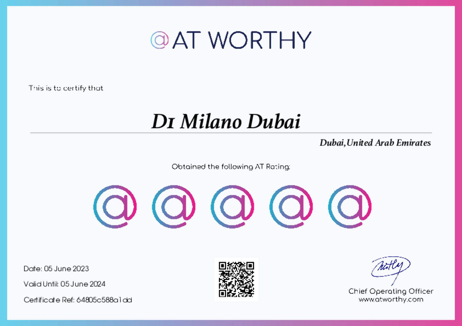 D1 Milano Dubai Mall Certificate