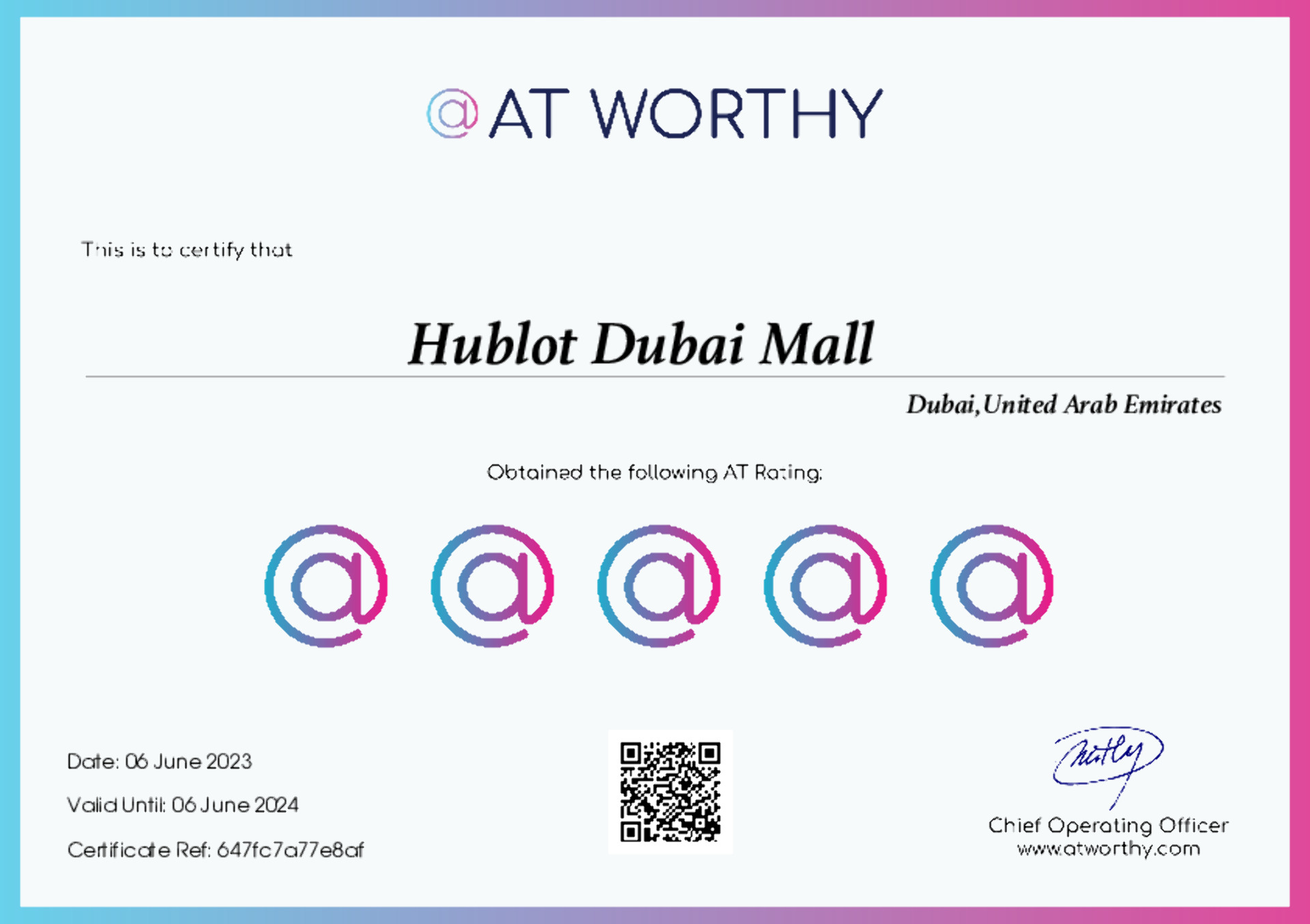 Hublot Dubai Mall Certificate